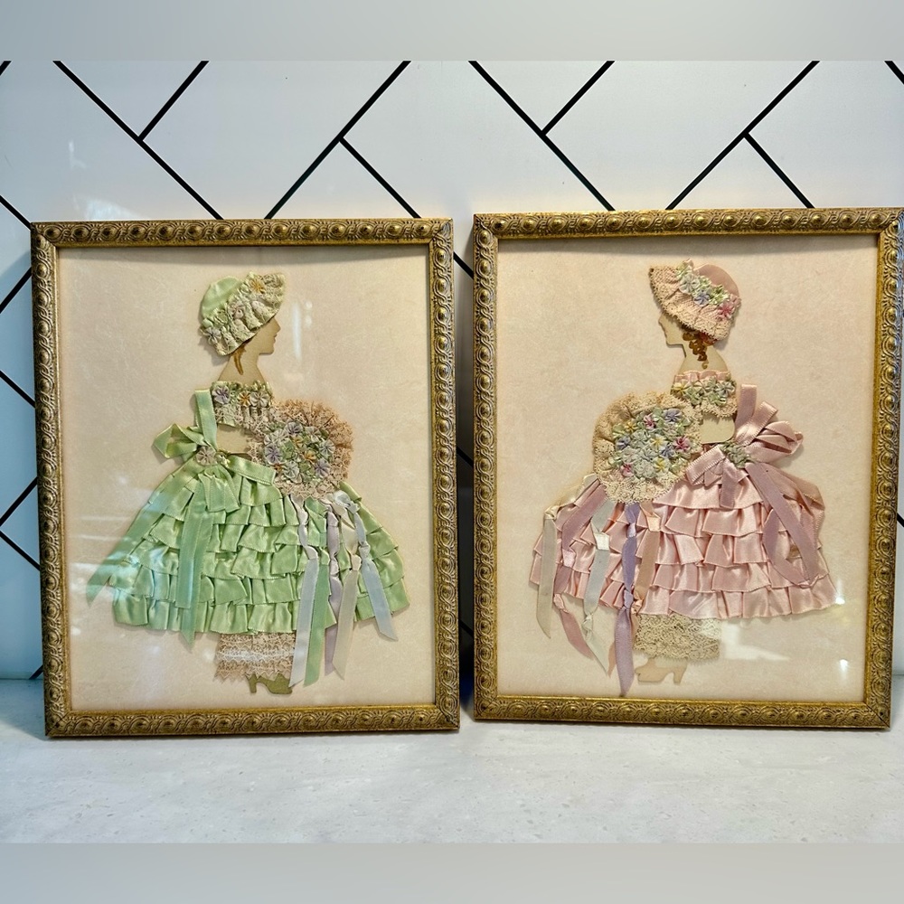 Set of Antique Framed Ribbon Art Paper Dolls